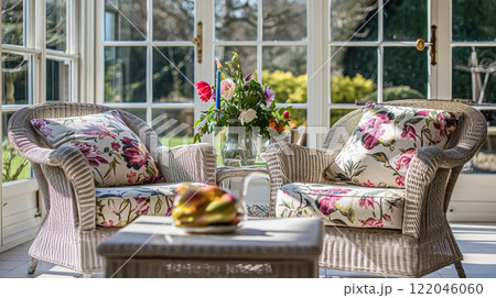 Colorful pillows on sofa against glass wall of window in a winter garden or conservatory. Interior textile concept. High quality photo 122046060