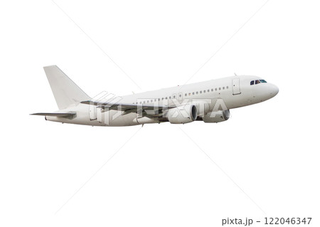 Passenger aircraft flying isolated on white background 122046347