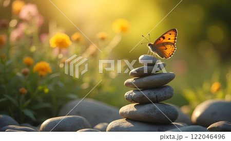Orange butterfly perched on grey stones with flowers in sunlight, green blurred background 122046496