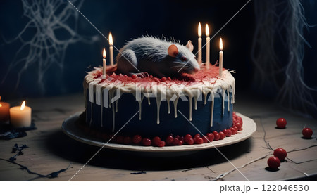 Spooky Rat Cake with Dripping Icing,Candles and Cobwebs Funny and Silly Design for Halloween Parties 122046530