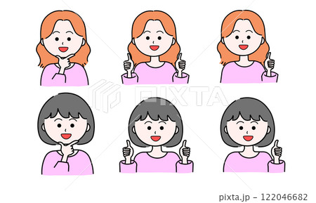 顔の女性イラストセット／グッド／親指を立てる 122046682