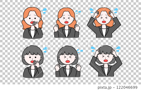 女性イラストセット／焦る／慌てる／パニック（スーツ）	 122046699