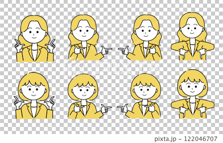 Female illustration set / pointing finger / pointing confirmation / up, down, left and right (yellow) 122046707