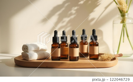 Amber dropper bottles and towels on wooden tray in minimal sunlit spa setting 122046729