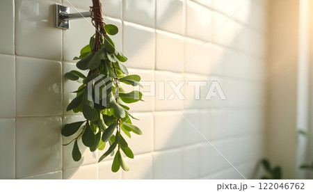 A shower with water flowing down, surrounded by green plants hanging from the ceiling A shower with water flowing down, surrounded by green plants hanging from the ceiling 122046762
