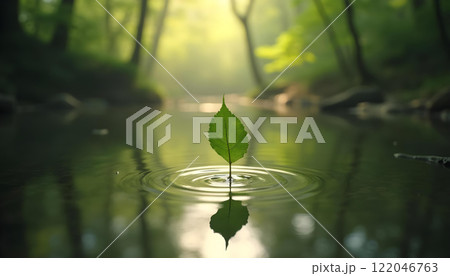 A green maple leaf floating on water with water droplets against a blurred green background sunlight A green maple leaf floating on water with water droplets against a blurred green background sunlight 122046763