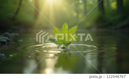 A green maple leaf floating on water with water droplets against a blurred green background sunlight A green maple leaf floating on water with water droplets against a blurred green background sunlight 122046767