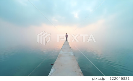 A person standing on a long stone dock or pier extending into a calm, misty body of water 122046821