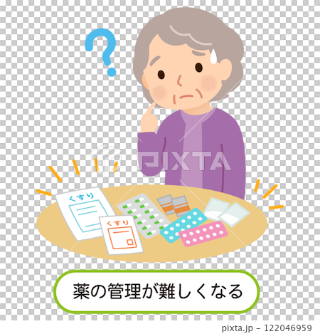 Elderly people with dementia have difficulty managing their medications and look troubled 122046959