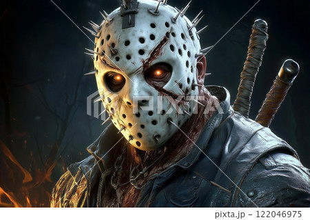 A warrior with burning eyes wearing a mask with spikes 122046975