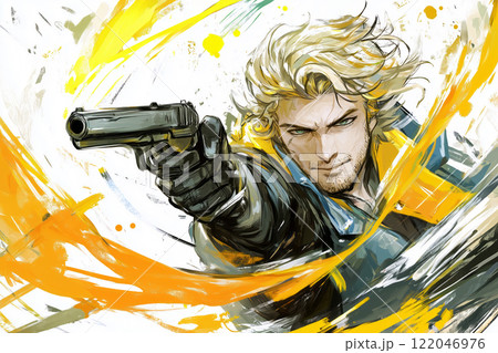 Illustration of a comic book character with a gun in his hand 122046976