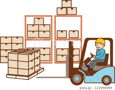 フォークリフトで荷物を運ぶ、男性作業員。 122046990