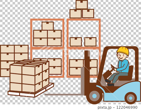 フォークリフトで荷物を運ぶ、男性作業員。 122046990