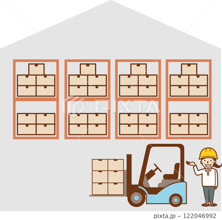 倉庫とフォークリフトと女性作業員。 122046992