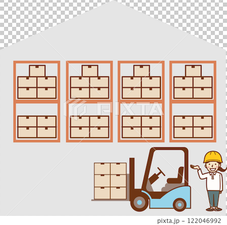 倉庫、堆高機和女工。 122046992