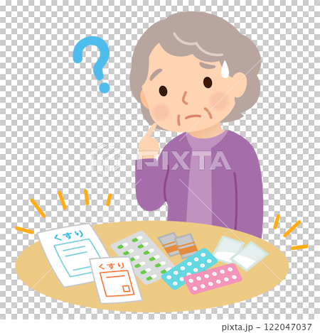 薬の管理が難しくなり、困った表情の高齢者　認知症 122047037