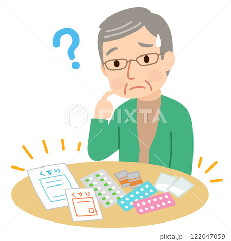 薬の管理が難しくなり、困った表情の高齢者　認知症 122047059