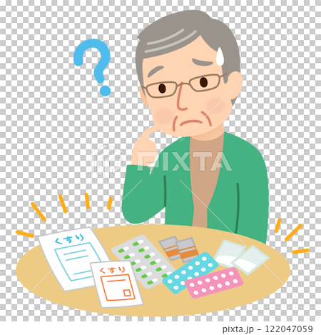 Elderly people with dementia have difficulty managing their medications and look troubled 122047059