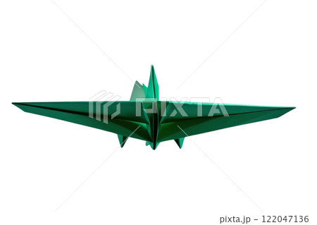 floated green Paper airplane on the white background 122047136