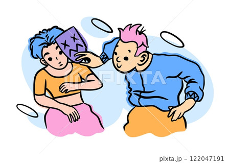 Mental health. Fake masks. Woman insincerity. Man exposing lie. Emotion expression disguise. Human relationship psychology. Dishonest people. False and fraud. Vector hypocrisy or falsehood concept Mental health. Fake masks. Woman insincerity. Man exposing lie. Emotion expression disguise. Human relationship psychology. Dishonest people. False and fraud. Vector hypocrisy or falsehood concept 122047191