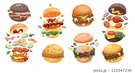 Burger fast food. Ingredients of hamburger, cheeseburger flying. Falling chicken, bread and vegetables, cheese and meat. American sandwich isolated set. Menu decoration. Vector cartoon tidy restaurant 122047236