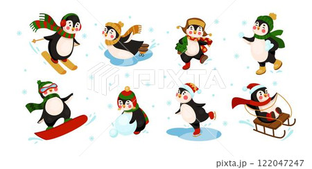 Penguin winter games. Cartoon character on ski or skateboard. Antarctic bird riding on sled. Mountain downhill skiers. Happy kids. Xmas outdoor playing. Animal making snowman. Snow sports vector set 122047247
