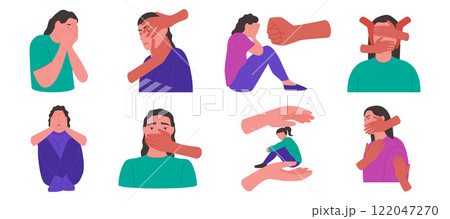 Violence of woman. Abuse victim. Pressure on women. Psychological torture. Family conflict. Girl face with arms. Assault and bullying. Rapist hands. Inner self psychology. Vector garish concepts set 122047270
