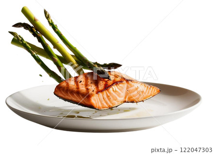 floated grilled salmon and asparagus falling into a plate  on the white background floated grilled salmon and asparagus falling into a plate  on the white background 122047303