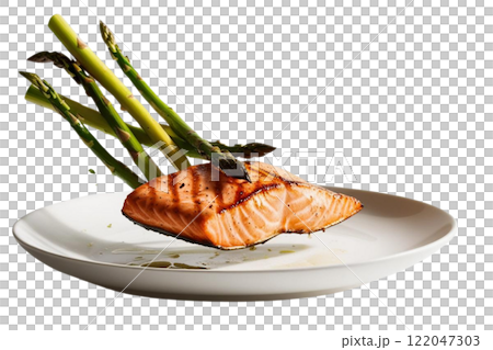 floated grilled salmon and asparagus falling into a plate  on the white background floated grilled salmon and asparagus falling into a plate  on the white background 122047303