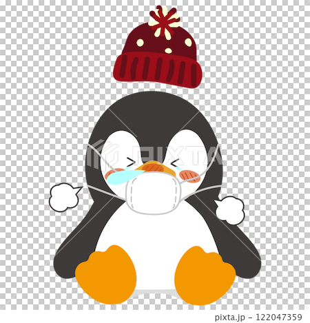 Illustration of a penguin sneezing, having a runny nose, and his hat flying off Illustration of a penguin sneezing, having a runny nose, and his hat flying off 122047359