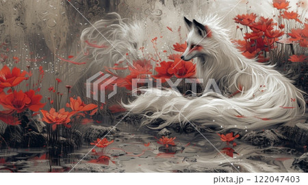 Kitsune-themed featuring mystical fox spirits from Japanese folklore. Kitsune-themed featuring mystical fox spirits from Japanese folklore. 122047403