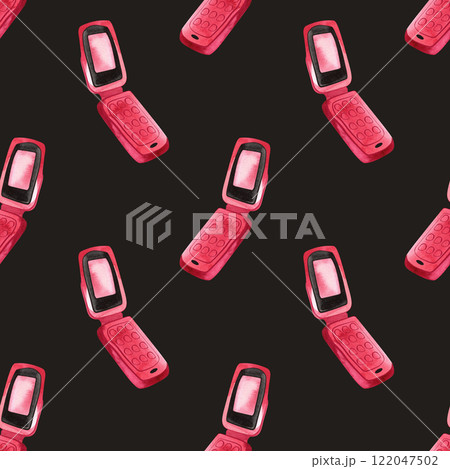Pink glamorous women's flip phone. Noughties rom-com aesthetics. Watercolor seamless pattern for wrapping paper or textile. 122047502
