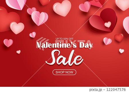 Valentines day sale banner template with heart and text on red background. 122047576