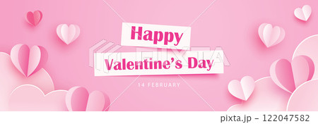 Valentines day greeting card banner template with heart and text on pink background. 122047582