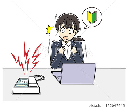 電話が鳴って怖がる電話恐怖症の新人女性(フルカラー) 電話が鳴って怖がる電話恐怖症の新人女性(フルカラー) 122047646