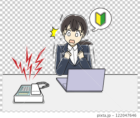 電話が鳴って怖がる電話恐怖症の新人女性(フルカラー) 電話が鳴って怖がる電話恐怖症の新人女性(フルカラー) 122047646