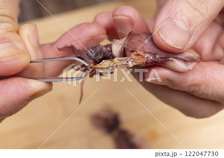 ほたるいかの下処理、目、、口、軟甲を取り除く 122047730