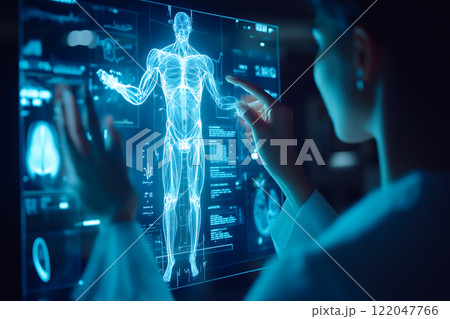 A doctor carefully examines a virtual x-ray projection with focused attention. The integration of advanced technology in medical diagnostics. Generative AI. A doctor carefully examines a virtual x-ray projection with focused attention. The integration of advanced technology in medical diagnostics. Generative AI. 122047766