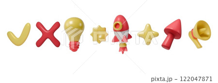 3D business icon. Startup rocket. Idea lightbulb. Checkmark tick and cross. Gramophone loudspeaker. Render of cute cartoon logo. Arrow or star. Comic glossy symbol. Vector exact social media signs set 122047871