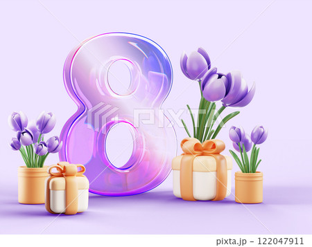 8 March background with glass holographic gradient transparent number eight, spring tulip flowers and gift box 3d render. International Women Day banner, holiday greeting card, poster. 3D illustration 122047911
