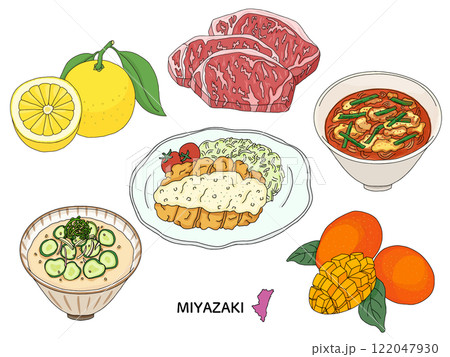宮崎グルメ 線画のイラストセット 宮崎グルメ 線画のイラストセット 122047930