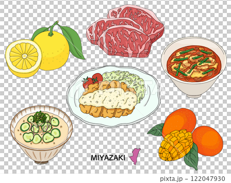宮崎グルメ 線画のイラストセット 宮崎グルメ 線画のイラストセット 122047930