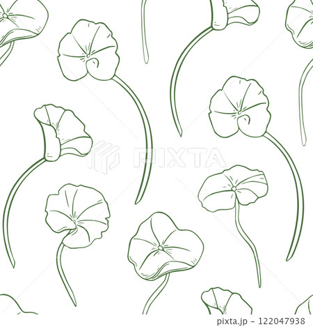 Centella asiatica in botanical style on black white vector seamless pattern. Rounded leaves on stems of pennywort plants hand drawn. Gotu kola foliage endless background for package, label, textile 122047938