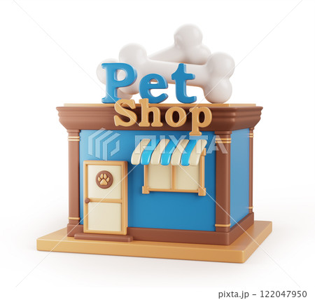 3d pet shop building exterior, domestic animal store with front door, window, awning and bones on roof render. Cartoon petshop facade for buy food, accessories, toys for dogs and cats. 3D illustration 3d pet shop building exterior, domestic animal store with front door, window, awning and bones on roof render. Cartoon petshop facade for buy food, accessories, toys for dogs and cats. 3D illustration 122047950