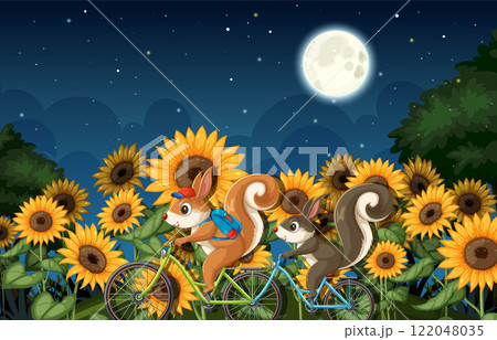 Squirrels Biking Through Sunflower Field Squirrels Biking Through Sunflower Field 122048035