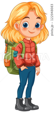 Adventurous Girl with Backpack Illustration 122048083