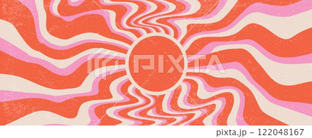 Sunrays retro background. Vector summer 70s poster. Abstract groovy design with grunge texture. Old paper banner with orange and pink spiral beams on pastel backdrop. 122048167