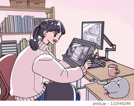 パソコンでマンガ制作をする女性 122048290