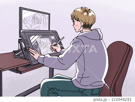 パソコンでマンガ制作をする男性 122048291