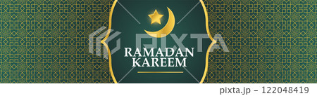 Ramadan Kareem Banner. Ramadan Islamic Holiday Graphic Template with Gold Lantern Ornament and Light 122048419